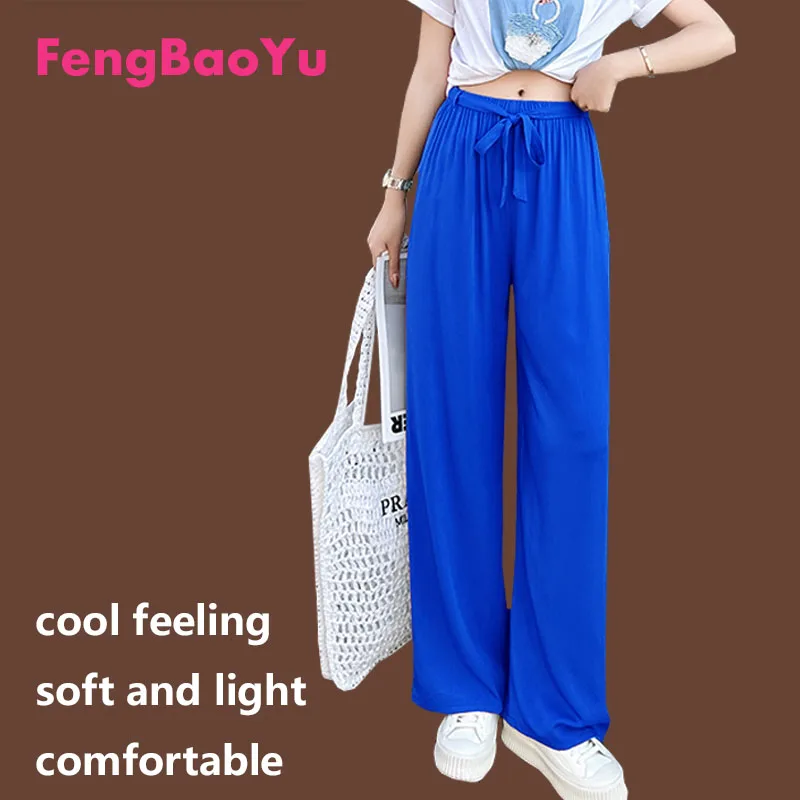 Cotton Silk Summer Women Trousers Light Blue Lace-up Straight Trousers Casual Sports Jogging Sweat Absorbent Breathable Clothing