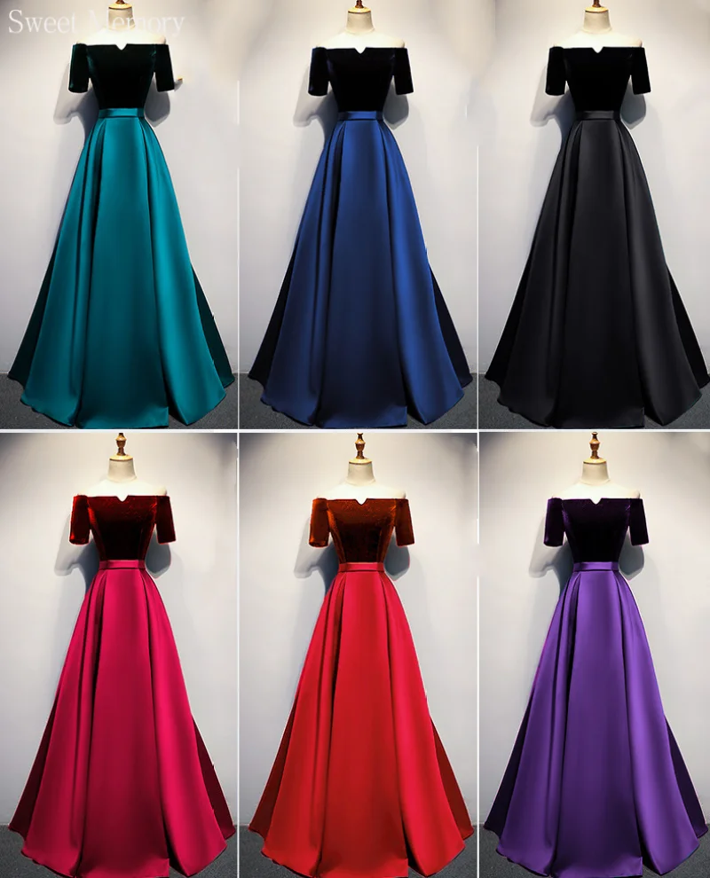 

Sweet Memory S125 Velour Velvet Satin Boat Neck Formal Gown Lady Elegant Women Purple Green Blue Black Wedding Party Dress