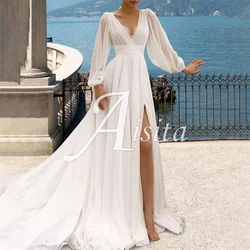 Beach A-Line Wedding Dress V Neck Long Sleeve Sexy Bride Dresses Chiffon Pleats Split Front Wedding Dresses Vestidos Dresses