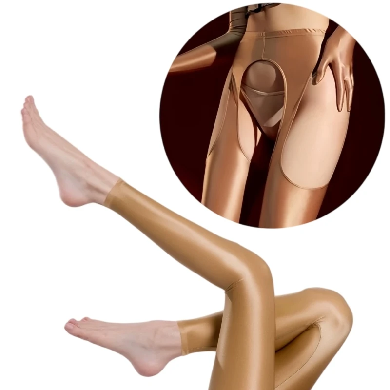 L XXL Plus Size 100D Glossy Satin Pantyhose Women Sexy Nine-Point Crotchless Tights Oil Shiny Skinny Leg Footless Yoga Leggings