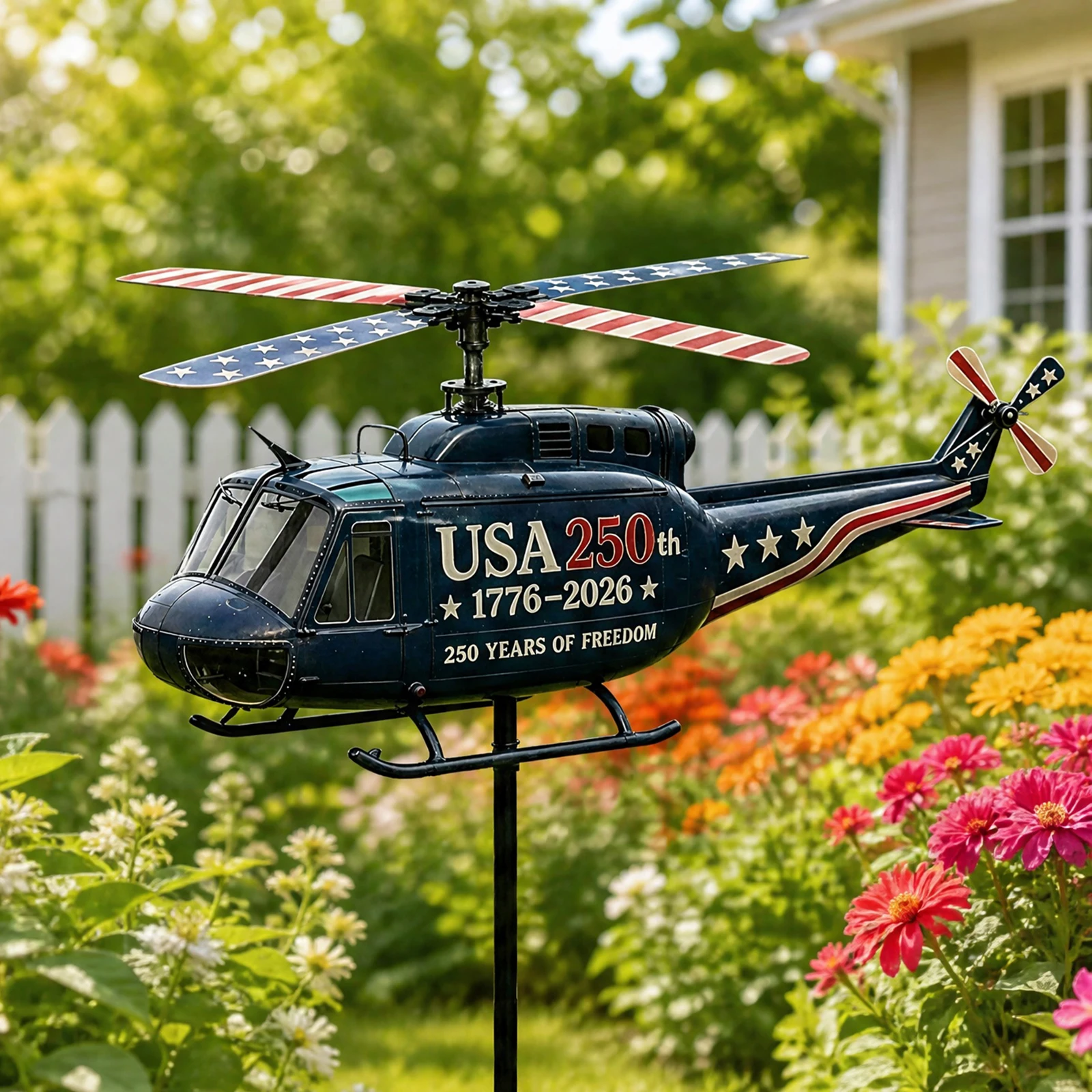 Metal Patriotic Helicopter Windmill Stake with Spinning Propeller Wind Spinner Outdoor Garden Decor Airplane Sculpture Ornaments