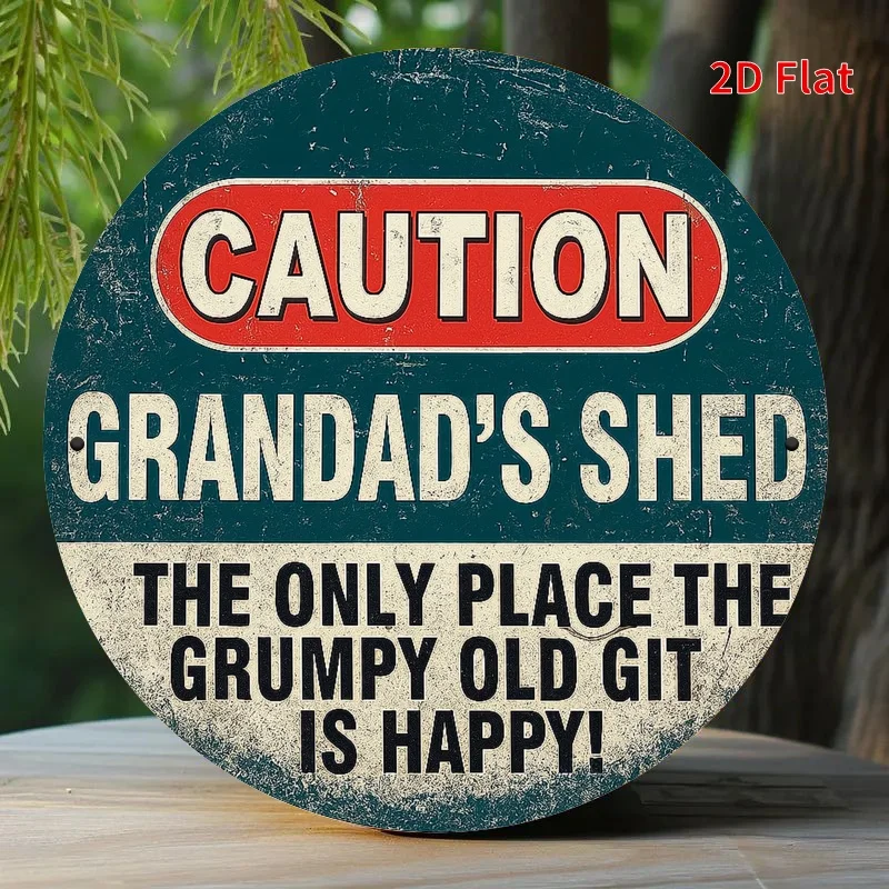 2D Flat, Vintage „Caution Grandad's Shed“ Metallschild – 19,81 x 19,81 cm, rustikale Eisenwandkunst mit humorvoller Warnung, Distressed Blu