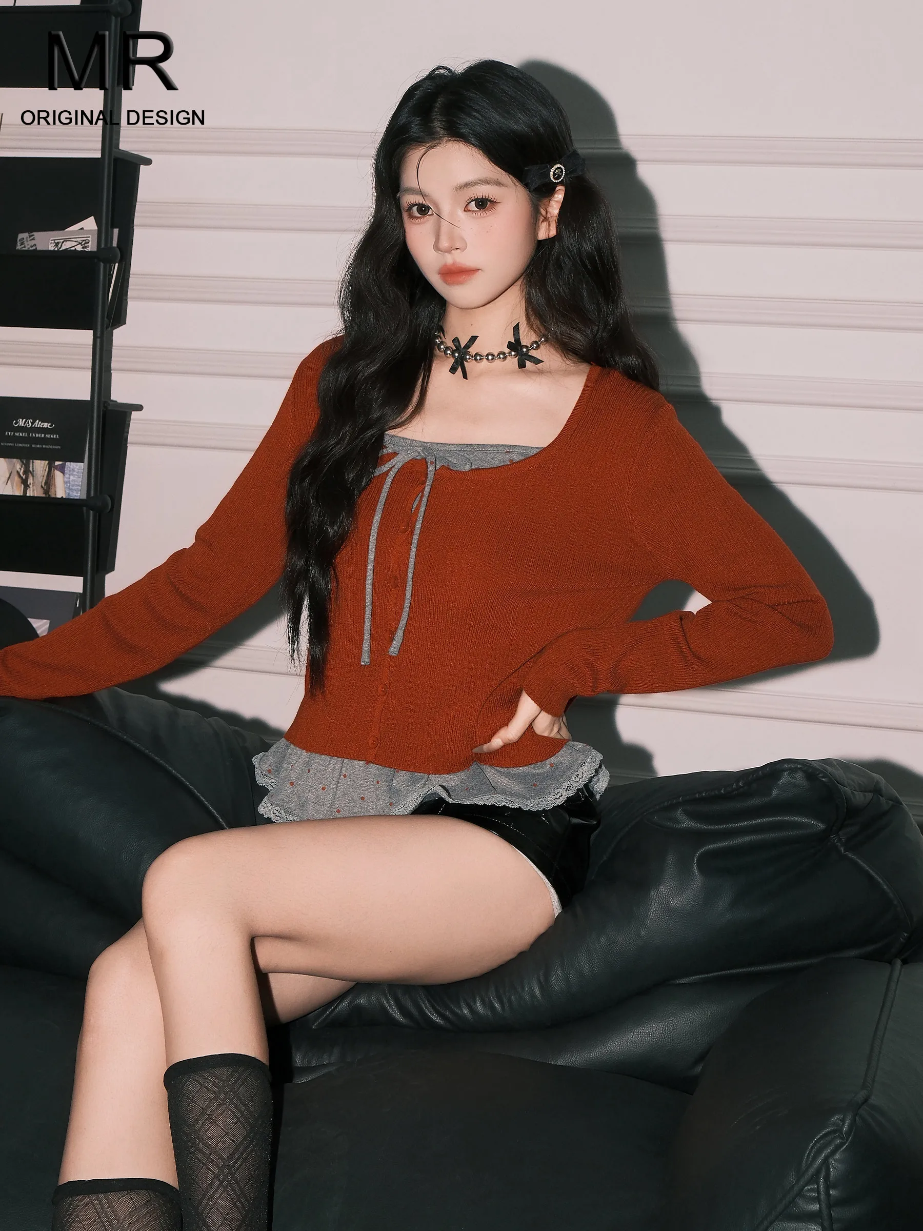 

Korean Style Long Sleeve Knitted Cardigan Women's Beautiful Two-Piece Set Grey Polka Dot Strap Vest Autumn New Arrival