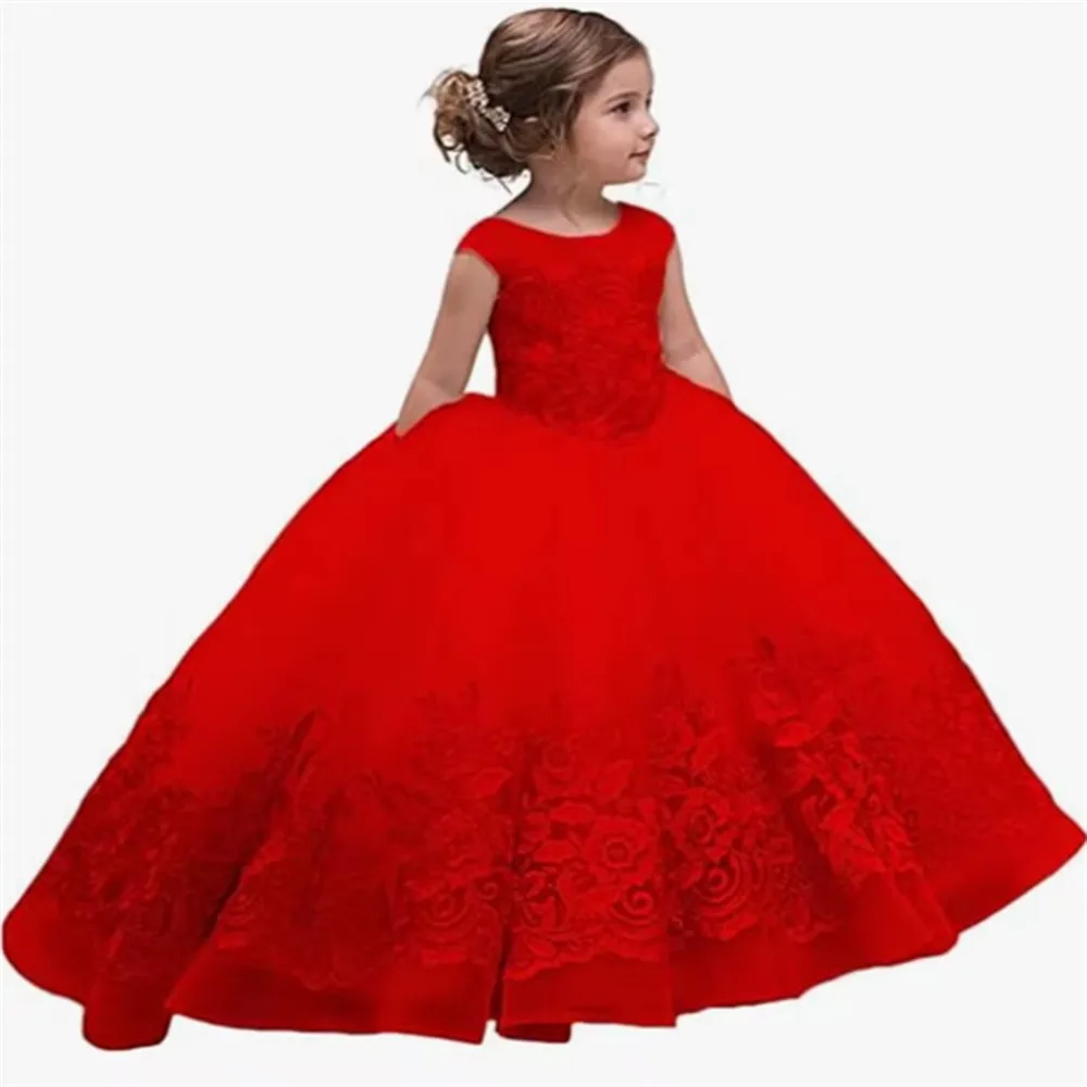 Flower Girl Wedding Dress Sleeveless Appliques Lace with Bow Kids Bridesmaid Princess Birthday Party First Communion Ball Gown