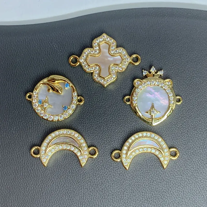 

PVD 18k Gold Plated Shells Zircon Moon 2 Holes Connector Pendants Charms For High Quality Bracelet Jewelry Handmade Accessories