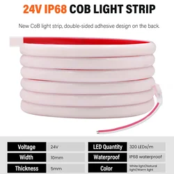 Waterproof IP68 COB LED Strip Light 12V 24V Flexible LED Neon Light 1-20M High Density Linear ape RA90 Lighting