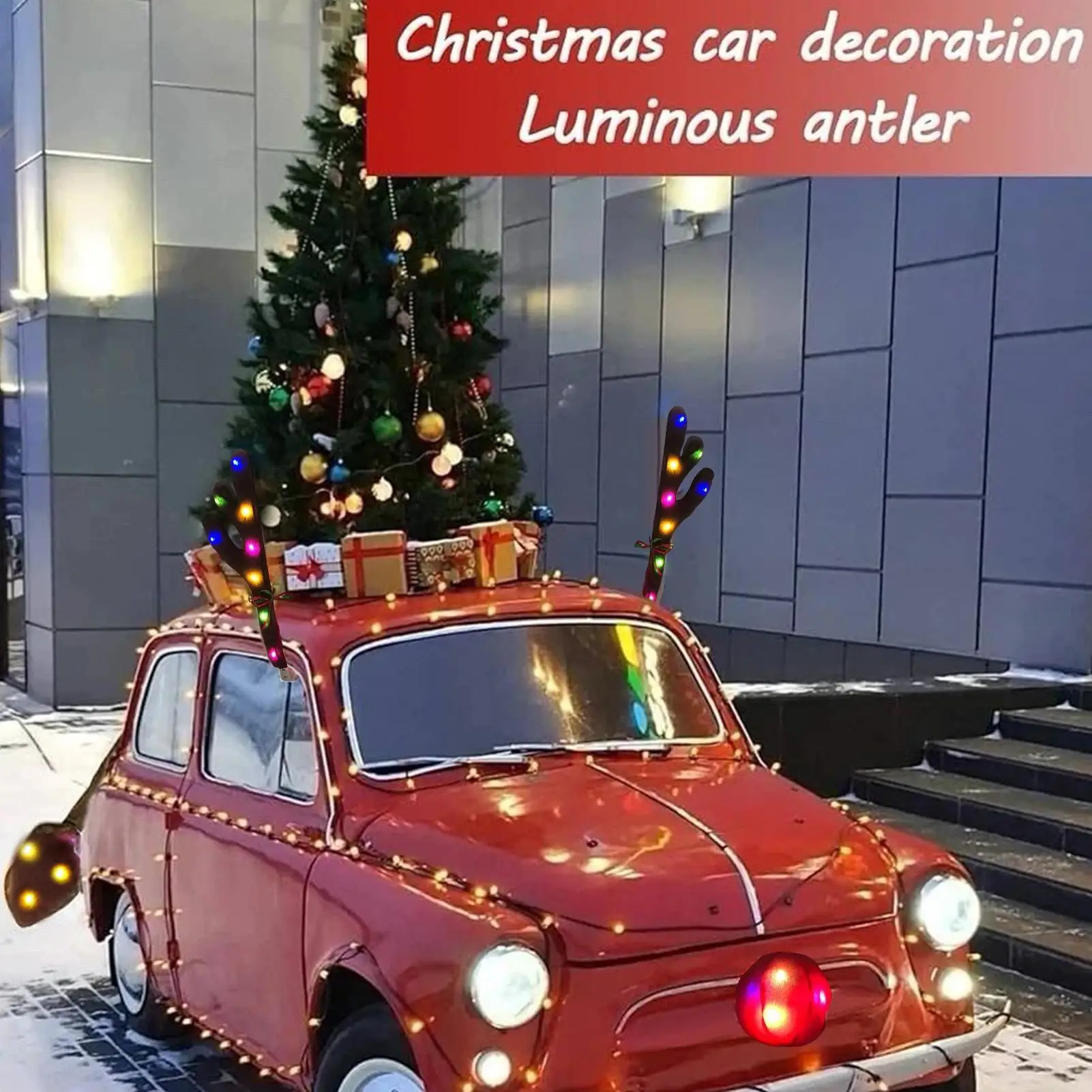 قرون السيارة LED قرن الوعل الرنة مع الأنف عيد الميلاد ديكور السيارة الخارجي مع ذيل للسيارات شاحنة سيارة SUV الخارجي