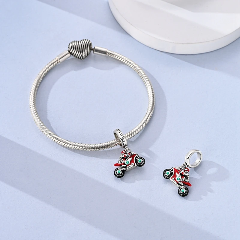 Original 925 Sterling Silver Charms Beads Motorcycle Rider Clover Dangle Fit Bracelet Pendant DIY Jewelry Gift For Women