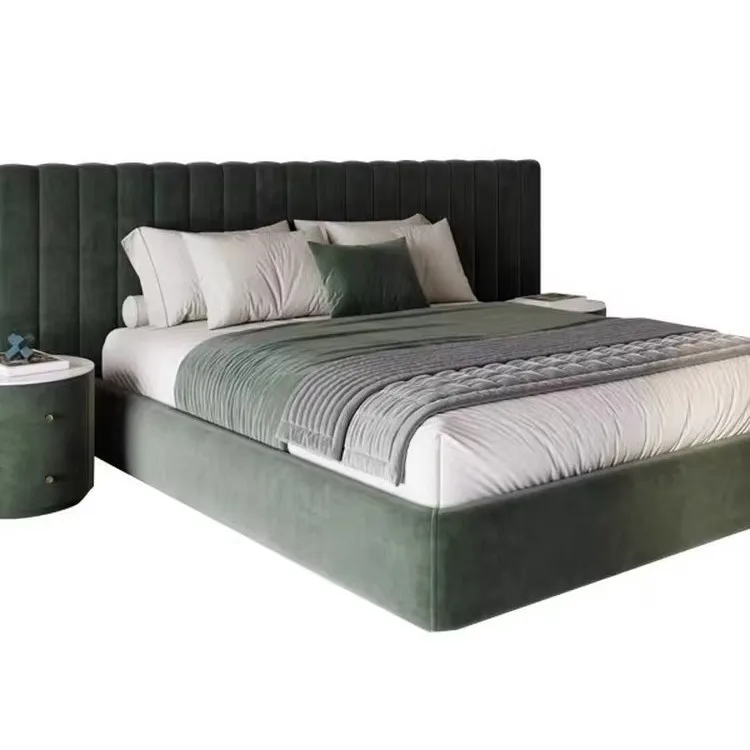 Fabric bed large flat-level villa flannel double bed high-end luxury cream wind cotton and linen widescreen bed