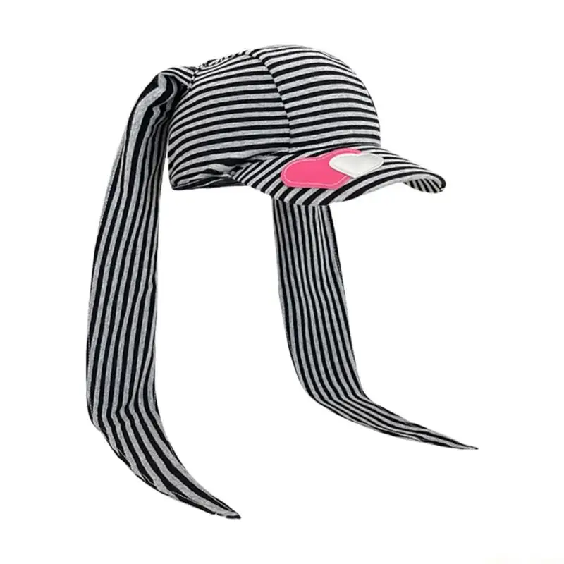 31BF Stylish 2000s Heart Stripe Sun Hat With Adjustable Size And Long Bunnies Ears For Youth Fashion Women Street Headwear