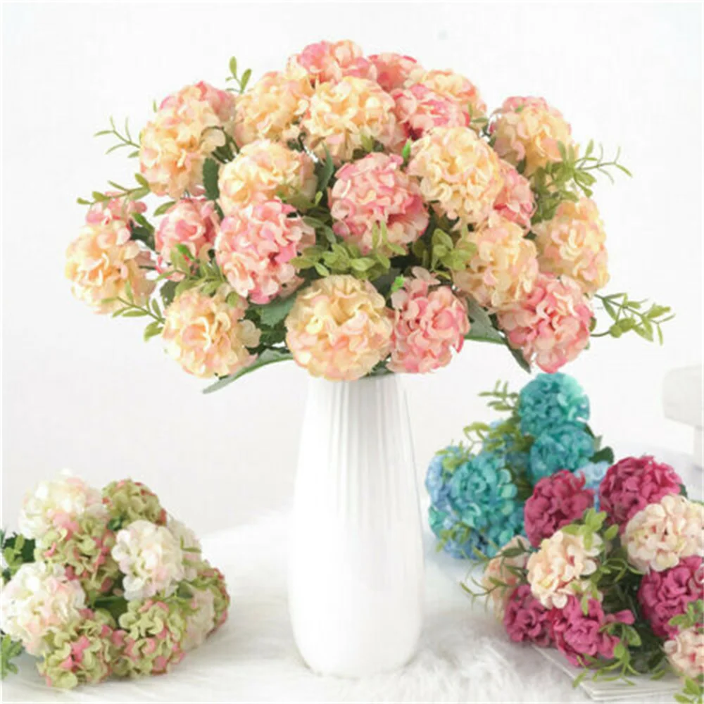 5 Head Hydrangea Artificial Flowers Bouquet Colors Small Silk Fake Flowers Floral Faux Flowers Blue DIY Party Wedding Home Decor