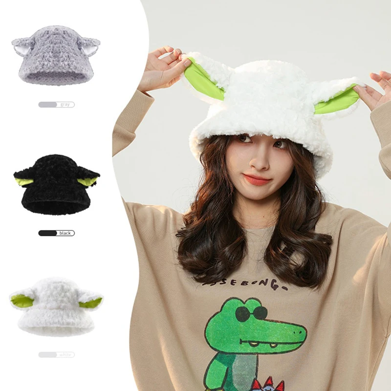 Women Lamb Wool Bucket Hat Winter Sheep Ear Plush Panama Caps for Girl Warm Faux Fur Soft Female Fisherman Sun Hats