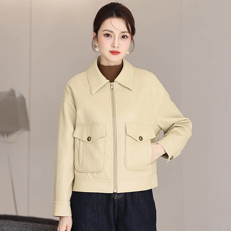 New Women Loose Split Leather Jacket Spring Autumn Fashion Turn-down Collar Long Sleeve Short Coat Casual Leather Coat Female