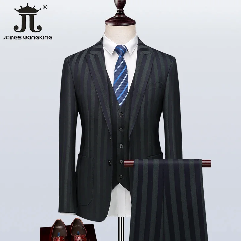 ( Blazer + Vest + Pants ) British Style Green Stripe Suit Groom Wedding Dress Men\'s Business Casual Formal Work Slim Suit