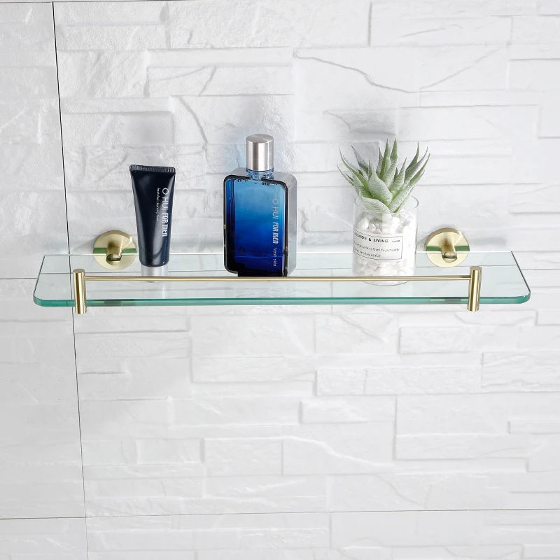 Stainless Steel 304 Bathroom Hardware Accessories Wall Mounted Brushed Gold Bathroom Glass Rack Shelf