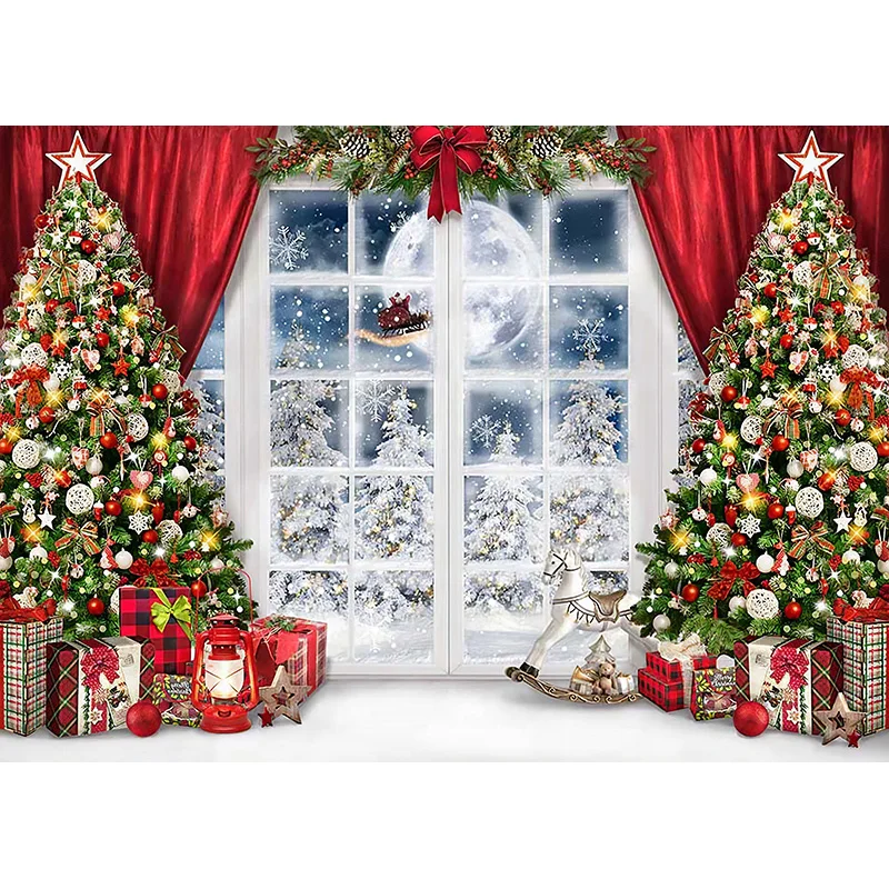 Christmas Day Presents Flower Wreath Photography Backrops Window Gift Pine Tree Fireplace New Year Theme Photo Background DRG-15