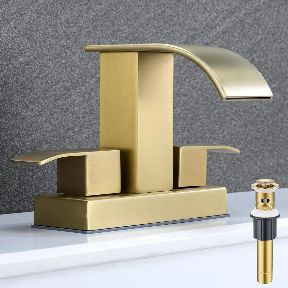 

Two-Handle Brushed Gold Waterfall Lavatory Faucet with Pop-Up Drain, 4-Inch Centerset for Bathroom Sink