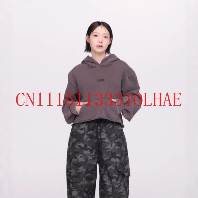 2026 Brauner gewaschener Distressed Cropped Hoodie mit ARIRANG-Print, kurzer Oversized Hoodie, lässiges Streetwear-Sweatshirt