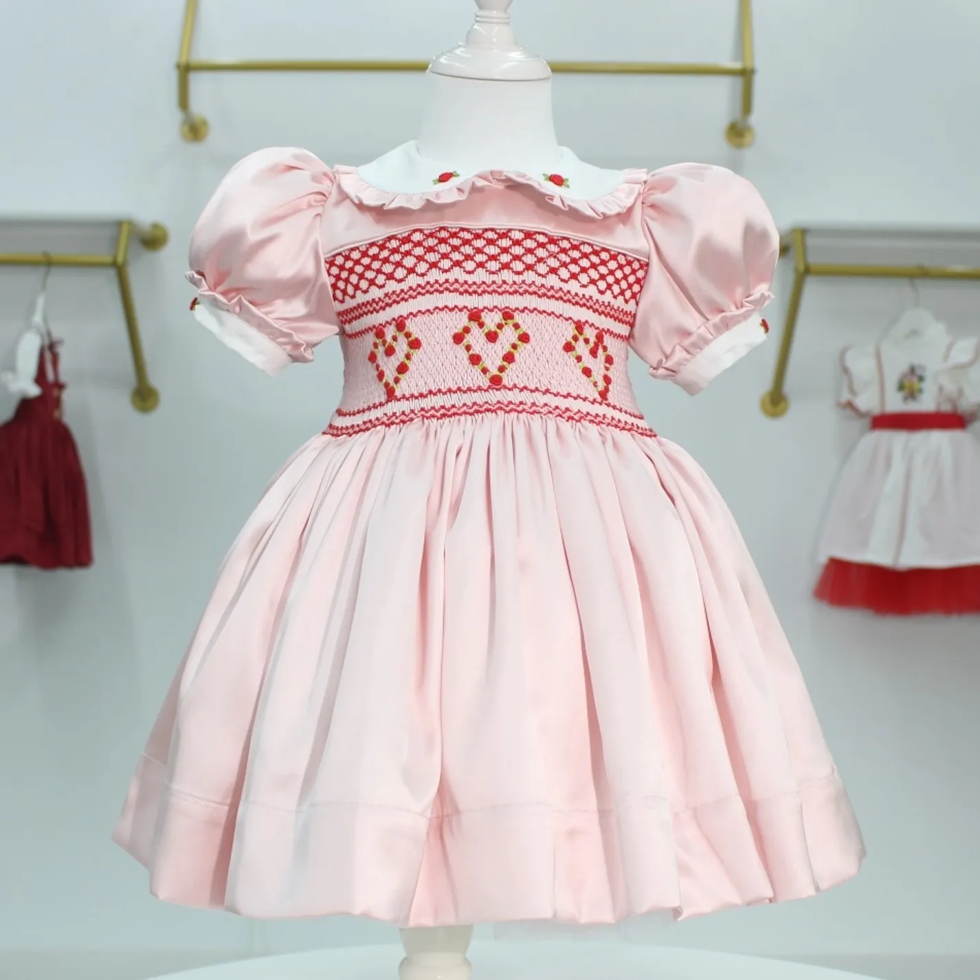 

Baby Girl Summer Rose Handmade Embroidery Vintage Princess Smocking Dress 2 Bows for Birthday Holiday Eid Christmas A236