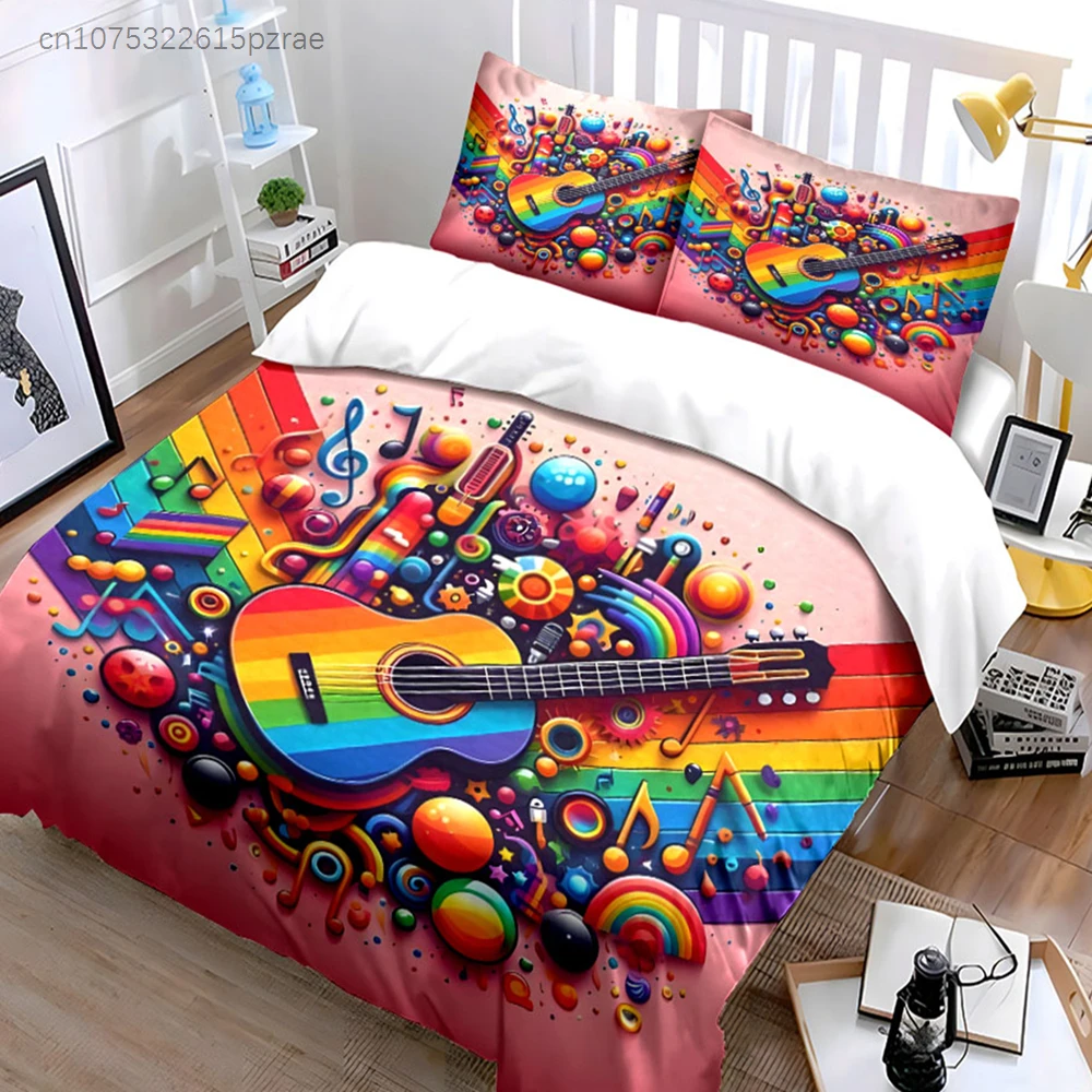 Colorful Music Guitar Set Decor Multiple Sizes kid's And adults' Bedroom Exquisite 3PC Bedding set, Gift