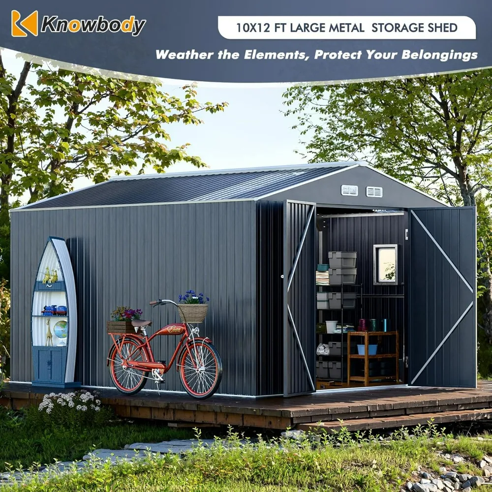 10x12x7 FT Metal Shed Outdoor Storage with Reinforcement, Natural Lighting Tool Sheds with Translucent Roof Panels, Windows