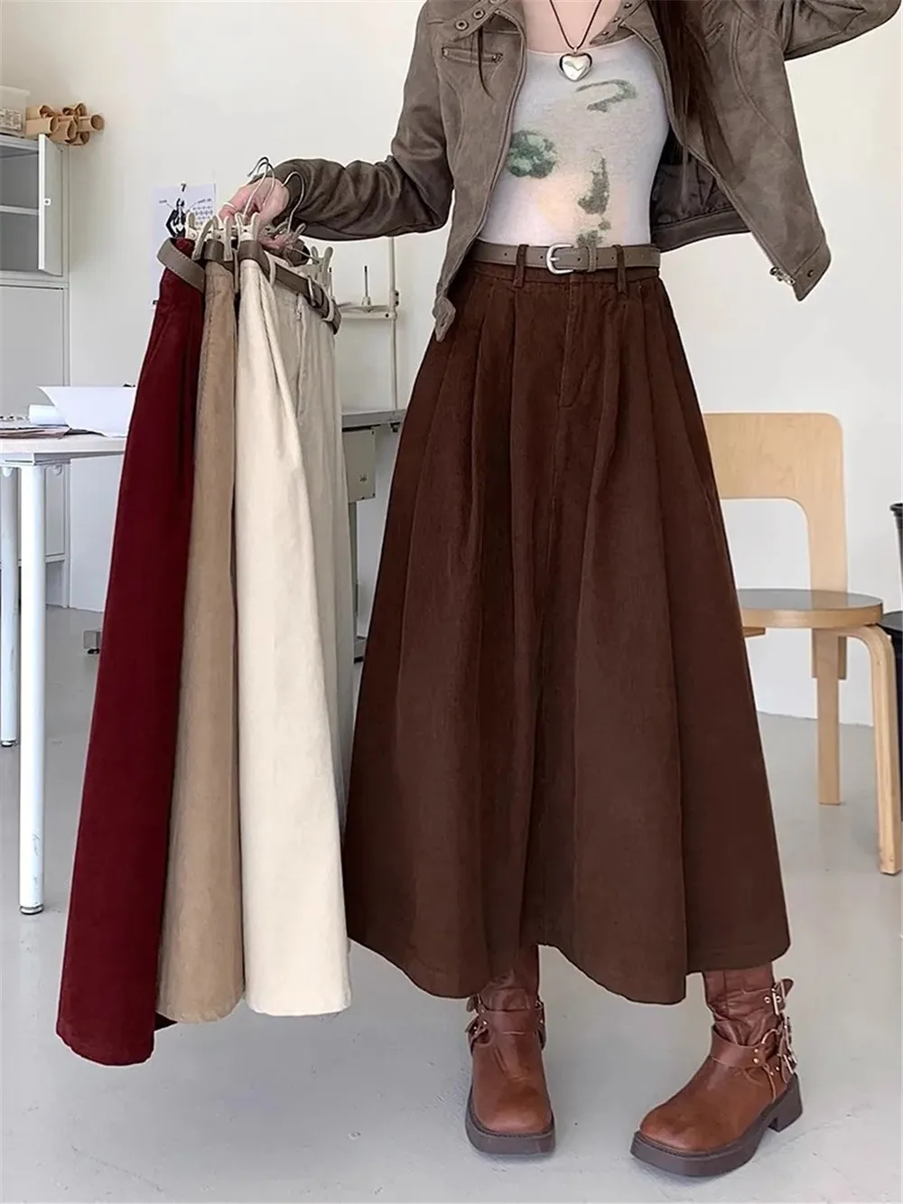 Jupe longue plissée en velours côtelé pour femme, jupe trapèze vintage, poches, patchwork, taille haute, streetwear coréen, printemps, hiver,