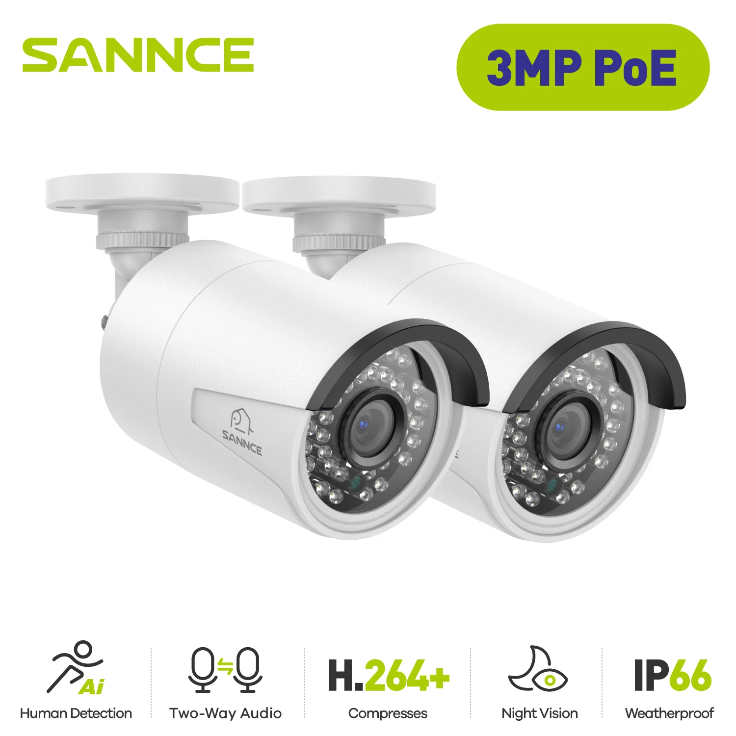 SANNCE 2PCS Ultra HD 3MP POE Camera Outdoor Indoor Weatherproof Security Network Bullet EXIR Night Vision Email Alert Camera Kit