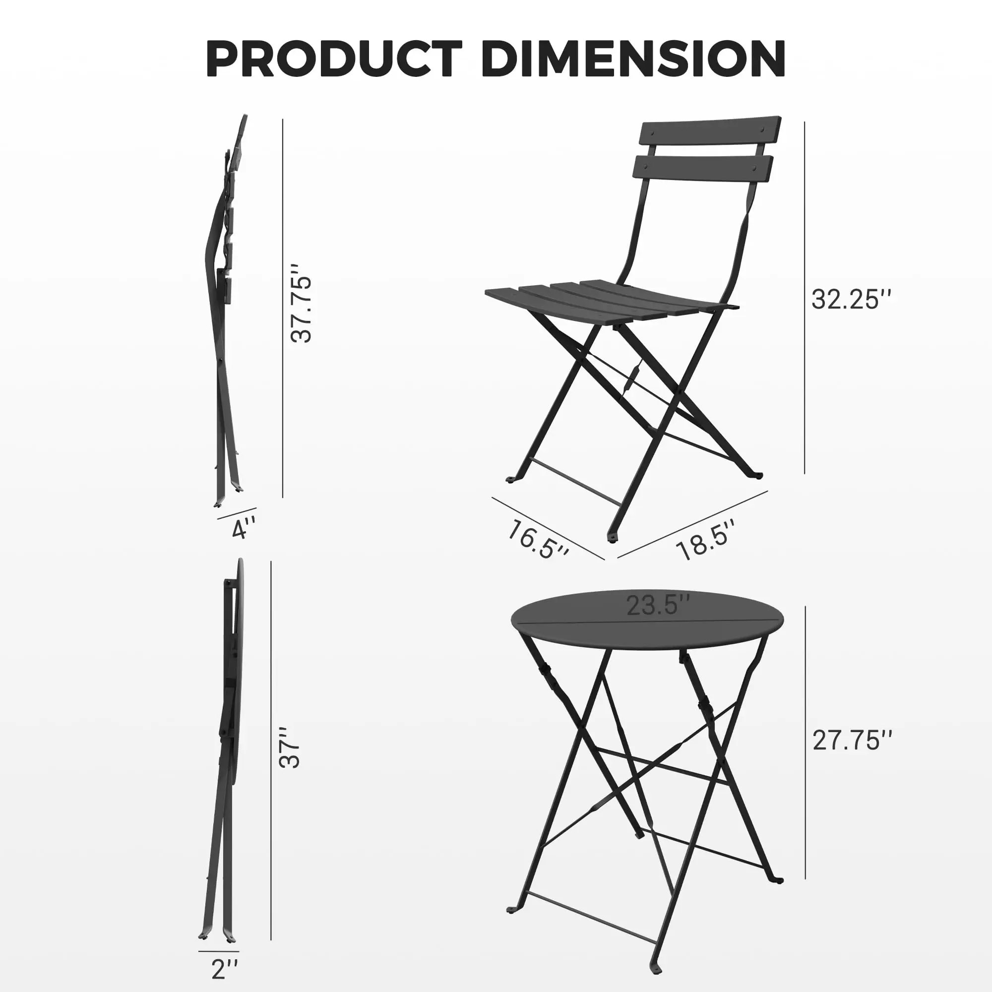 3-Piece Folding Patio Bistro Set Outdoor Porch Balcony, Black