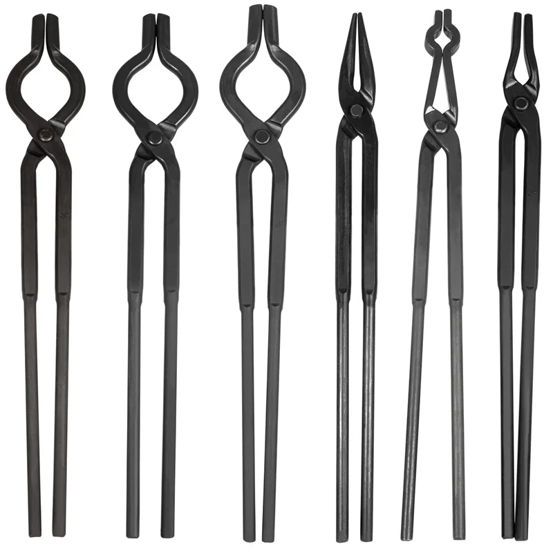 6 Pack Beginner Blacksmith Tongs Blacksmith Forge Tong Tools Set Includes 1/4 Flat Jaw, Pick Up, Scroll, 3/8 1/2 5/8 V-Bit Tongs