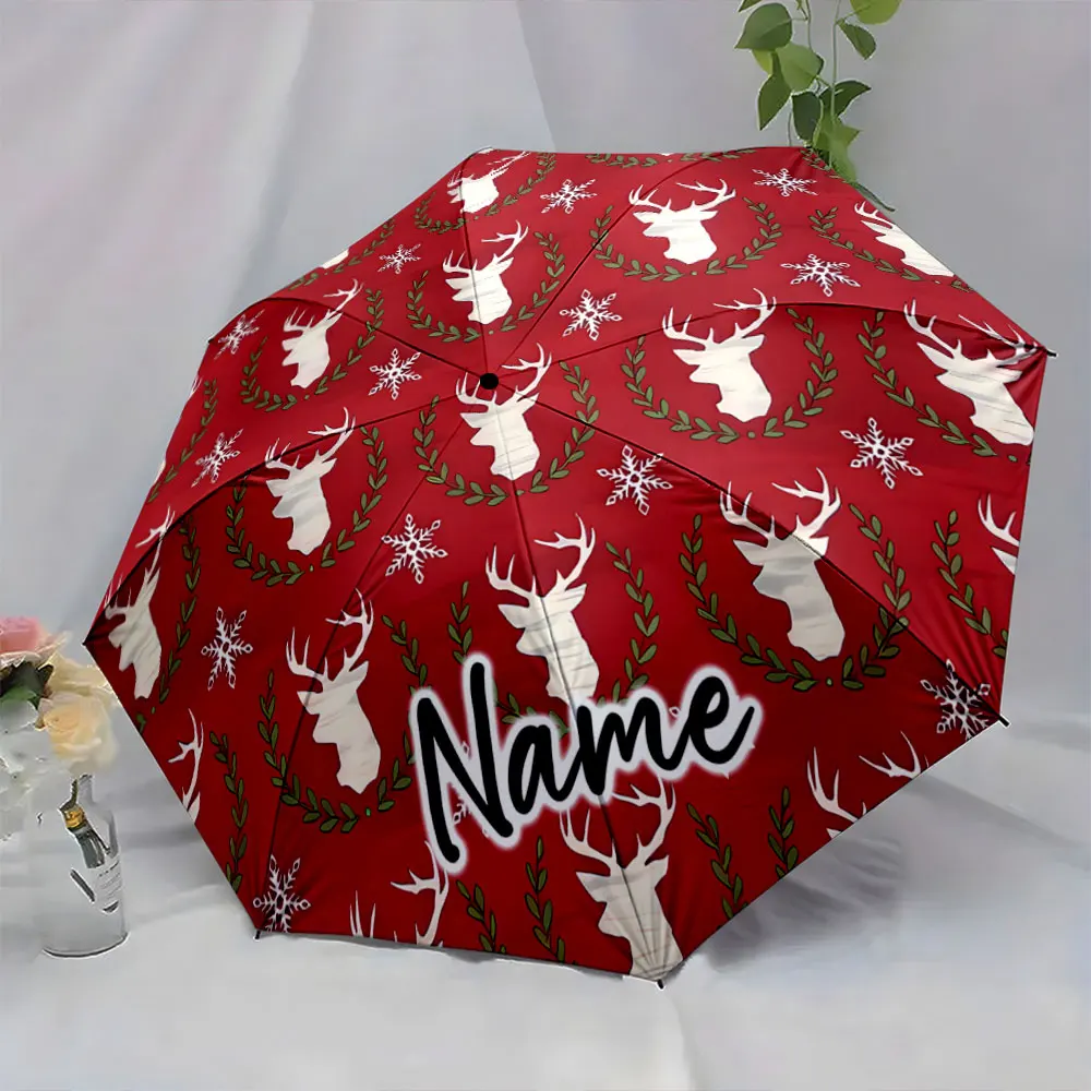 Custom Name Festive umbrella with red design featuring deer patterns 8 Iron Ribs Folding Umbrella Auto-Open Fashion Sunshade