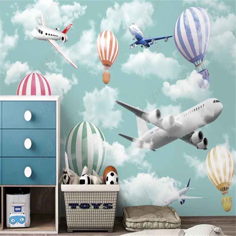 Modern Wallpaper for Kid's Room Hot Air Balloon Airplane Cloud Sky Children's Room Background Wall Papers Home Decor Mural