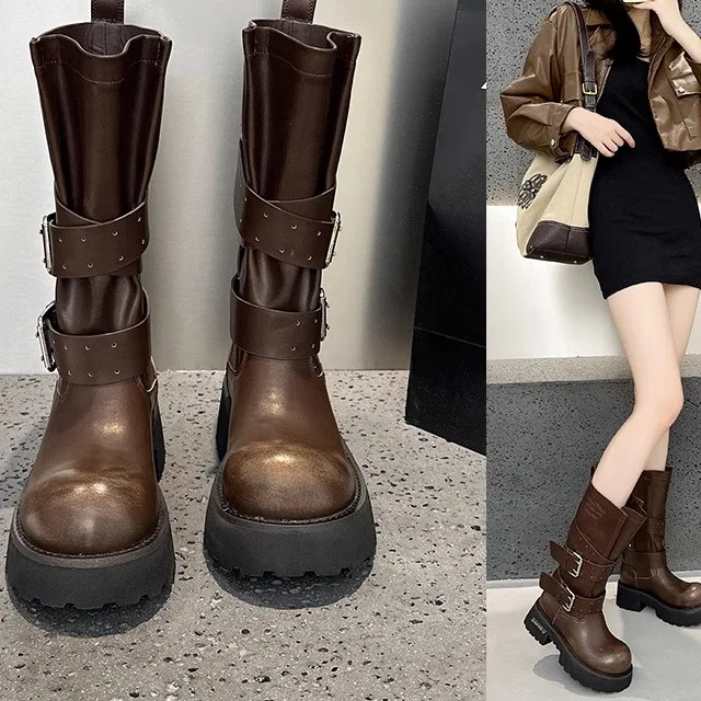 

Women's Long Tube Knight Boots Thick Bottom Retro Big Head Punk Motorcycle Leather Boots Winter Season Mid-Calf Boots