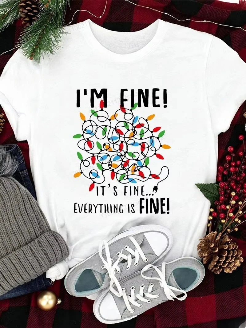 Funny Christmas T-shirt I'm Fine Everything Is Fine Christmas Lights Graphic Tees Short Sleeve Casual Tops Y2k Xmas Holiday Gift