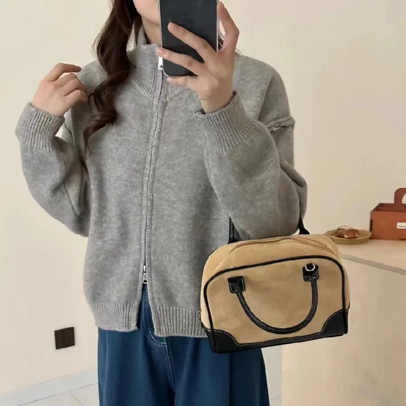 

2025Autumn Leisure Knitted Zippers Stand Collar Women's Sweaters Street Cardigan Tops New Female Solid Knitwear