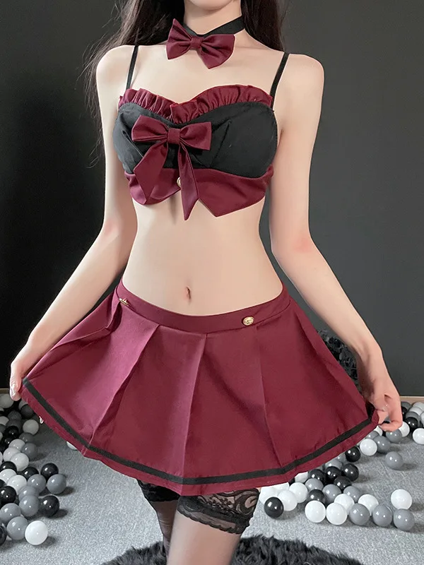 JK Lingerie Uniform Sexy Role-playing Sweet Bow Mature Charm Elegant Hollow Student Uniform Set Pleated Short Skirt Set RHHG