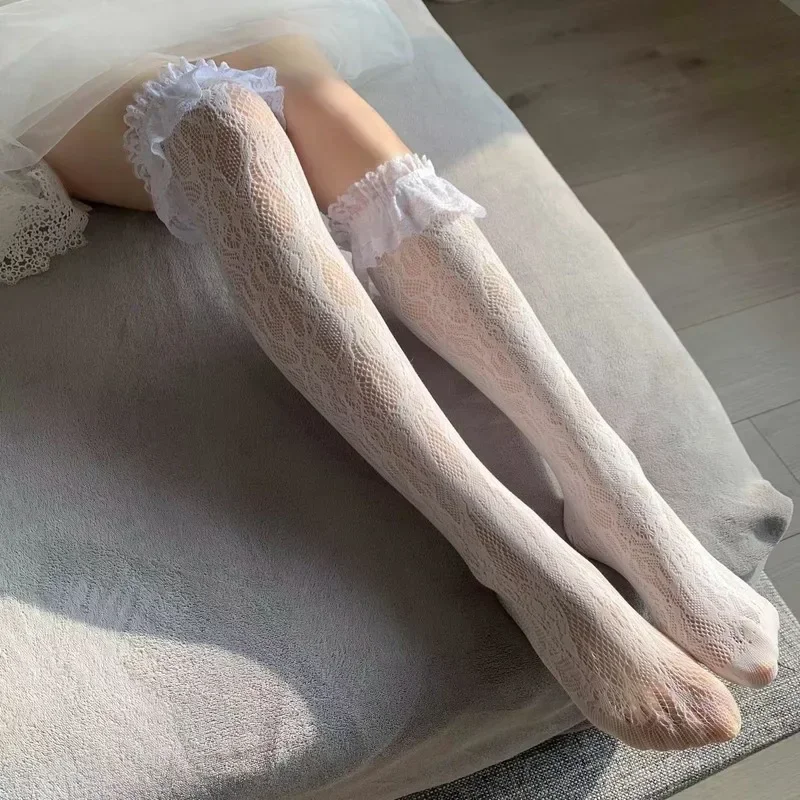 

New Lolita Long Tube Lace Mesh Female Over-knee High-tube Thigh Middle-tube Calf Socks Thin Section Student Jk Black And White