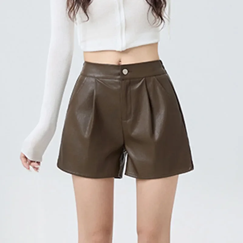 Short Mujer 2026 Fashion Autumn Winter Women Shorts High Waist PU Leather Wide-leg Shorts Women Pantalones Cortos Q6388