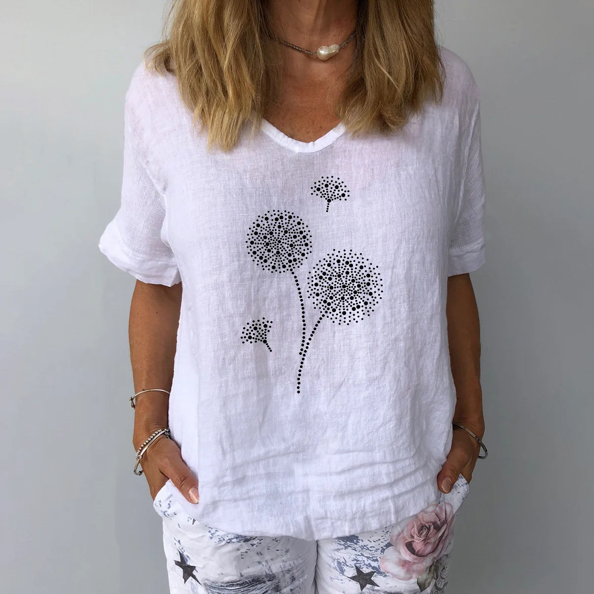

Women's Short-sleeved Cotton Linen Top T-shirt Simple Loose Casual V-neck Pu Gongying Printed Top T-shirt