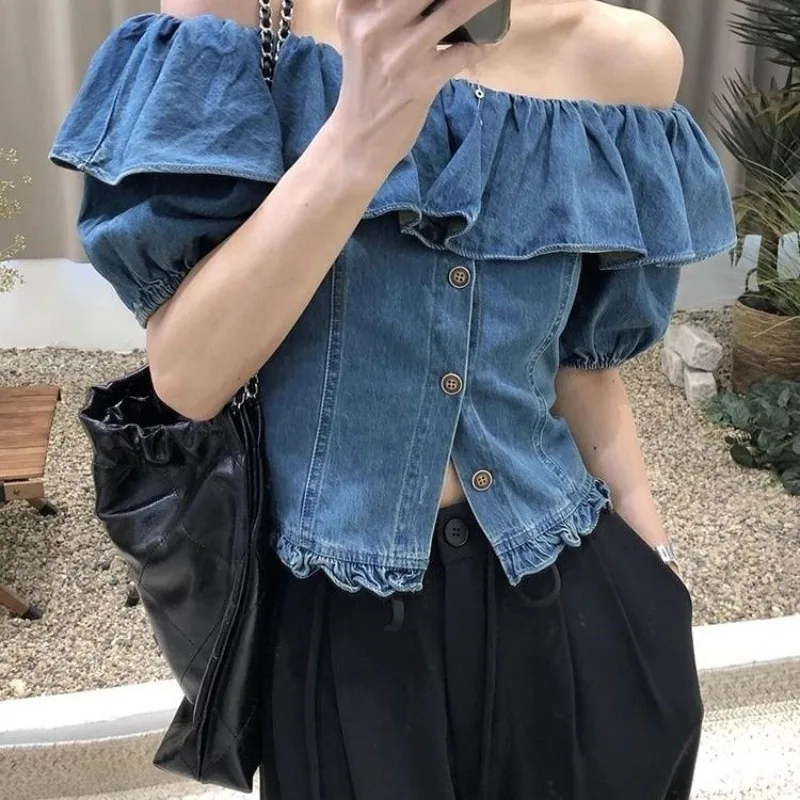 French Summer Short Sleeve Denim Shirt 2026 Summer Vintage One-Neck Spice Girl Top