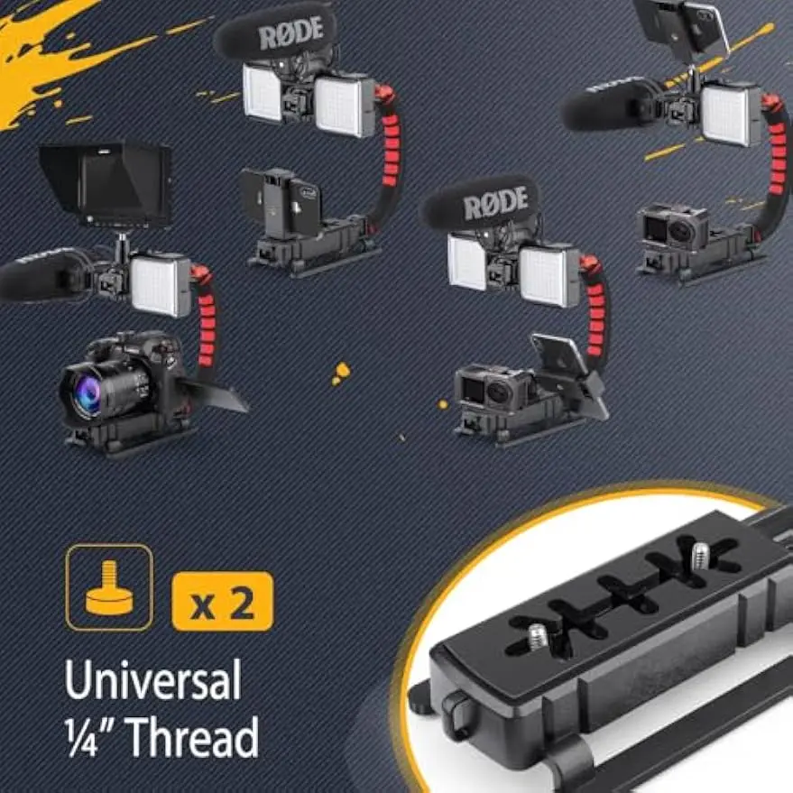 Universal Camera Stabilizer with Smartphone Cage, Triple Cold-Shoe Grip for All Cameras and Action Sports
