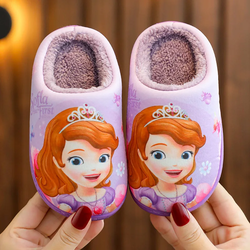 Disney Children\'s Cotton Slippers Frozen Anti Slip Warm Cartoon Priness Winter Home Floor Girls\' Parent-child Baby Slippers Size