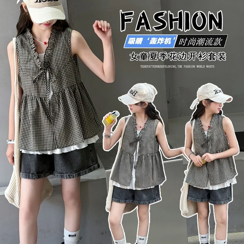 Girls' summer new casual set with plaid lace sleeveless vest, white T jeans, children's three piece set