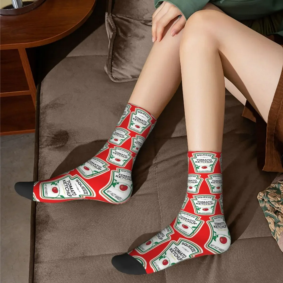 Calcetines largos divertidos con etiqueta de Ketchup, medias absorbentes de sudor Harajuku, accesorios para todas las estaciones, regalos Unisex