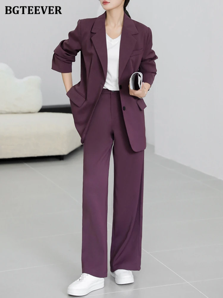 BGTEEVER Casual Loose Two Pieces Trousers Set Women Long Sleeve Single-breasted Blazer & Wide Leg Pants Autumn Female Pant Suits