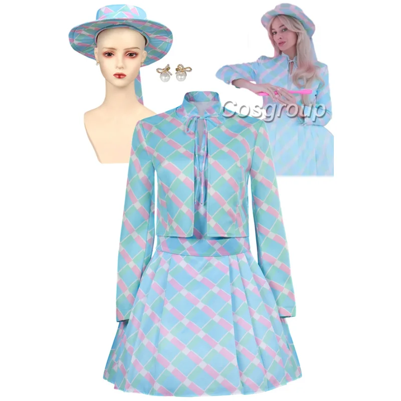 Margot Cosplay Fantasia Cute Blue Plaid Hat Dress 2023 Movie Barbei Costume Disguise Adult Women Fantasy Outfit Female Halloween