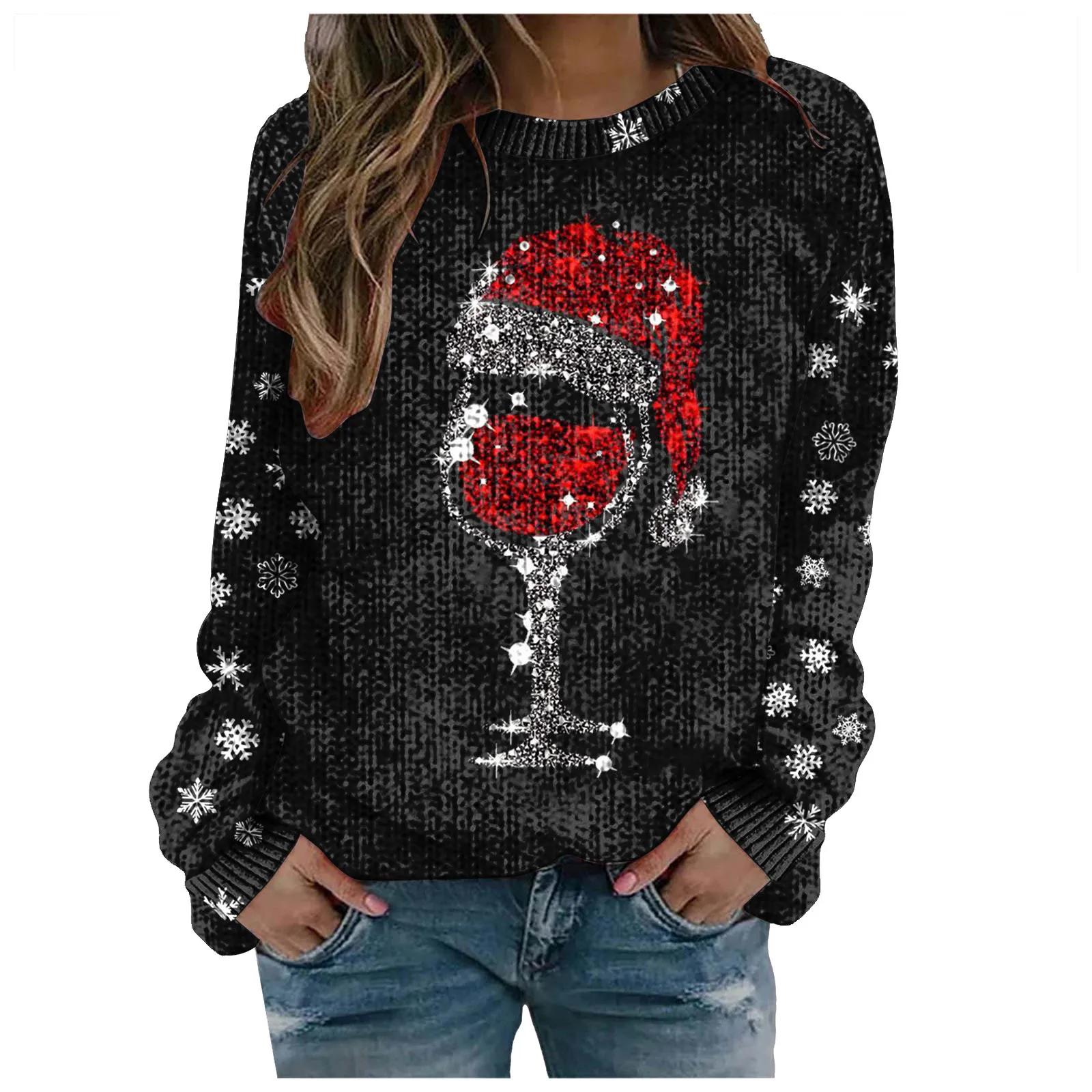 Christmas Print Red Wine Cup Sweaters Women'S Fashion Casual Round Neck Long Sleeve Knitted Pullover 2024 New Year Clothes