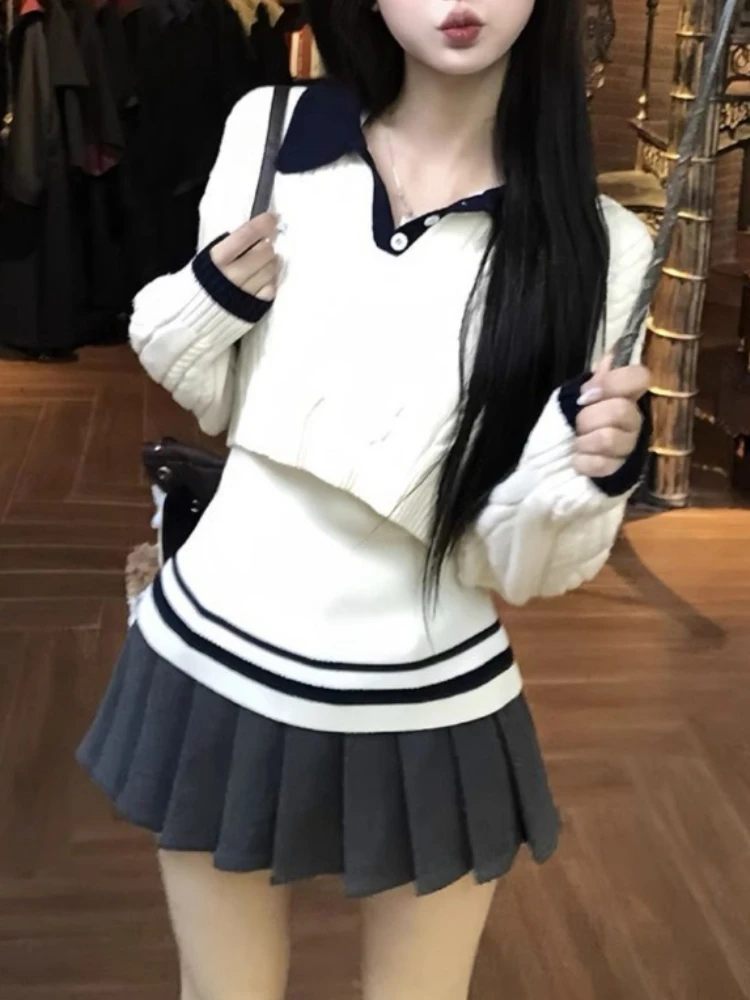 

Корейский элегантный вязаный свитер с цветными блоками, осень-зима, новый дизайн в студенческом стиле, облегающий белый жилет, многослойный комплект из двух предметов, повседневный топ