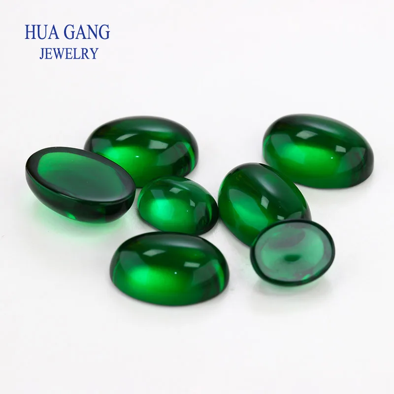 Flat Bottom Green color Glass Beads Stone Oval Shape Cabochon Cut Loose glass GemStone For Jewelry