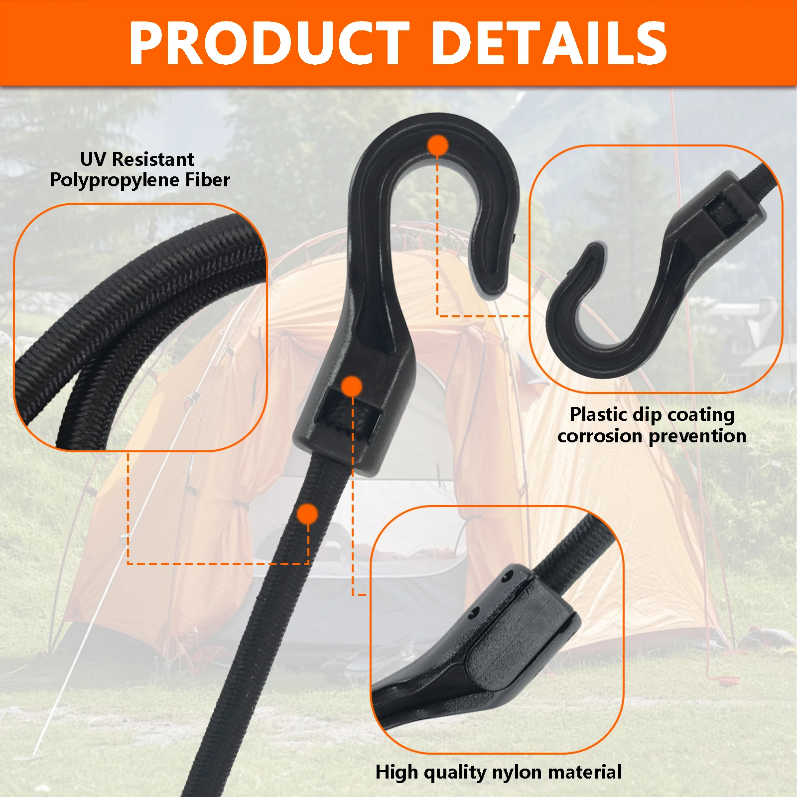 10pcs 60cm Heavy Duty Elastic Bungee Shock Cord Strap Stretch Plastic Hook Car Luggage Tent Kayak Boat Canoe Bikes Rope Tie