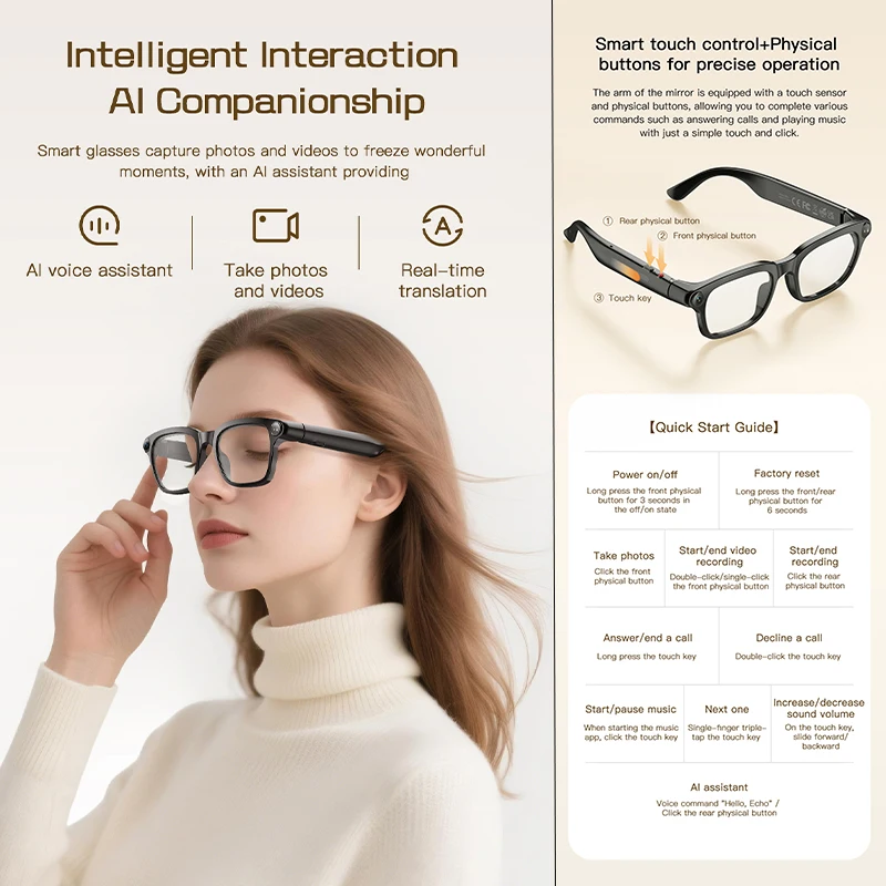 2026 New Smart Glasses M08 AI Voice Assistant Photo and Video AI Translation 800W HD Camera Type-C Fast Charging Smart Glasses